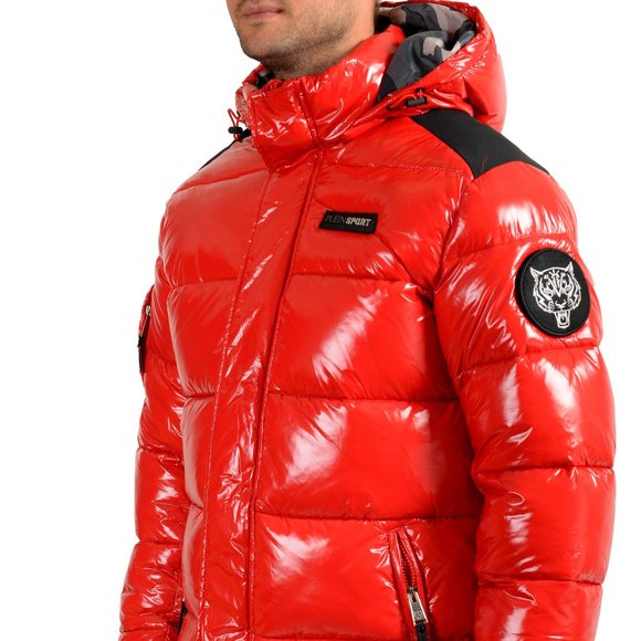 Plein Sport Men's Red Logo Print Zip Up Hooded Parka Jacket - Picture 3 of 10